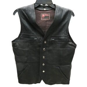 VTG Black Leather Snap Front Western Biker Vest Men's Hand Crafted / Size L